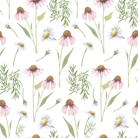 Watercolor seamless pattern of medicinal herbs Echinacea, chamomile,rosemary .Hand-drawn clip-art on white background. Realistic images of herbs for packaging, textiles,wedding,cards,menuの写真素材