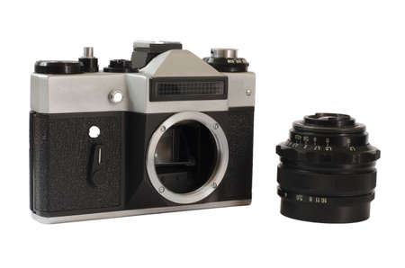 vintage camera and lens on white backgroundの写真素材