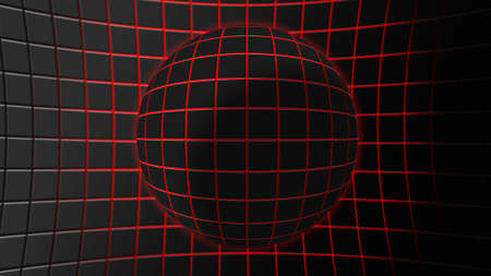 gray sphere made up of square tiles with red light coming between themの写真素材