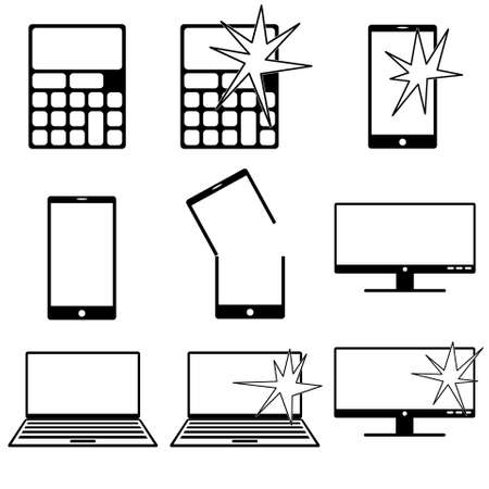 collection of various icons in black and white related to gadgets and computers broken and fixedの写真素材