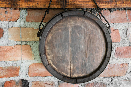 Old Blank Wooden Sign made out of a Wooden Barrel on a Brick Wall