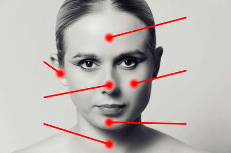female face with red lines marking the main areasの写真素材