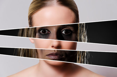 concept representing problems and abuse hiding beneath a beautiful exterior of a young woman