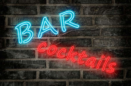 illustration of a cocktail bar neon sign glowing in blue and red colorsの写真素材