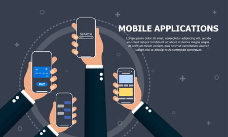 Four hands hold four phones with mobile applications. Dark blue background and white text written above.のイラスト素材