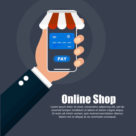 The hand holds the phone with online shopping and text on the right.のイラスト素材