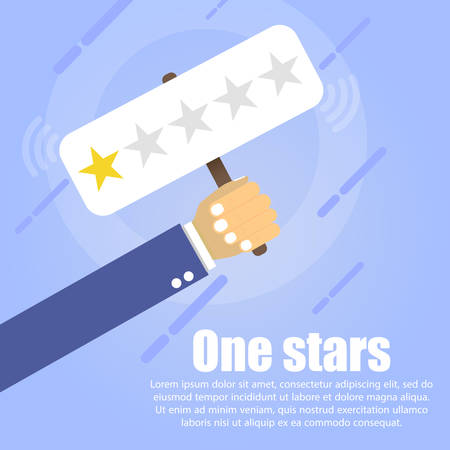 A hand holds a table where two golden stars on a blue background. Below it is written the text One stars.のイラスト素材