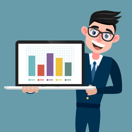 A man in a blue suit keeps a computer with a graph on the screen.のイラスト素材