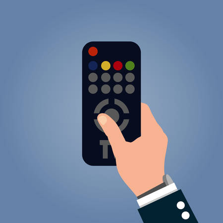 Human hand with black modern remote TV Control. Vector illustration in flat style on blue backgroundのイラスト素材