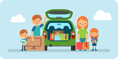 happy family with shopping bags near car vector flat illustrationのイラスト素材