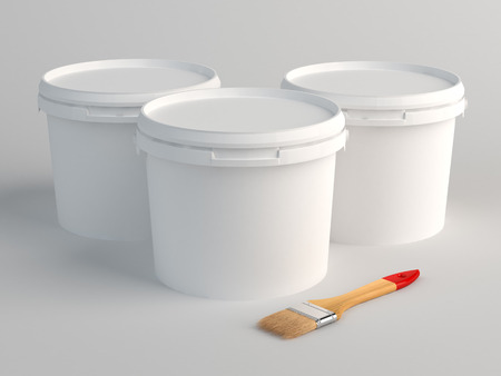 Three plastic bucket and brush on floor. 3D Renderの写真素材
