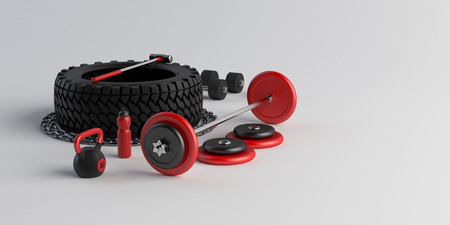 Fitness equipment in gym on white background. Tire, sledgehammer, weight, dumbbell, bottle, bar, chain. 3d-illustration.の写真素材