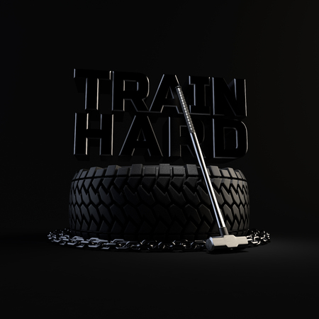 3d-illustration workout training equipment tire, chain and sledgehammer on black background. Inscription TRAIN HARD on the backgroundの写真素材