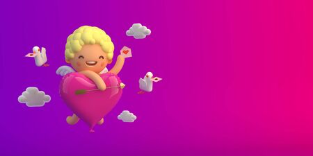 3D-illustration cupid with heart shape balloon and dovesの写真素材