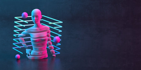 3d-illustration of an abstract composition of mannequin and primitive objects on dark background