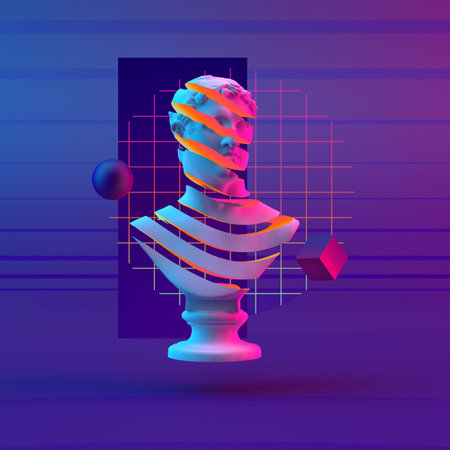 3d-illustration abstract composition of bust and primitive objects on violet background