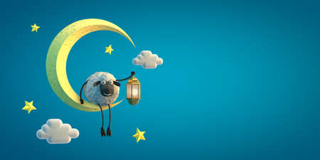 3d illustration cute cartoon sheep with lamp on the moon on blue background. Islamic holiday concept.の写真素材