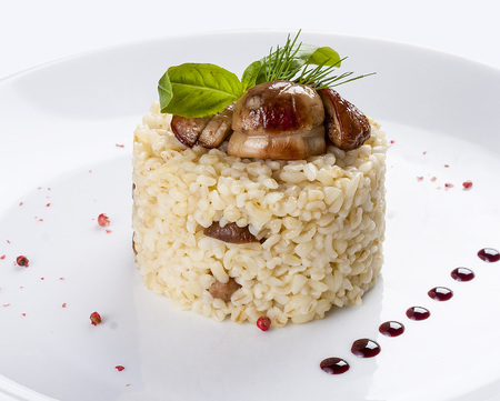 Rice with porcini mushrooms. On a white plateの写真素材