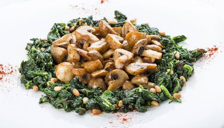 Fried mushrooms with cream of spinach. Vegetarian dish. On white backgroundの写真素材