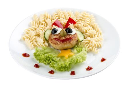 Children's menu. Chicken cutlet with pasta and salad. On a white backgroundの写真素材