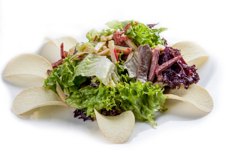 Salad with tongue and greens with chips on white backgroundの写真素材