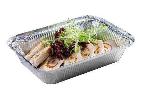 Healthy food background. Take away of natural organic meals in foil boxes.の写真素材