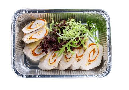 Healthy food background. Take away of natural organic meals in foil boxes.の写真素材