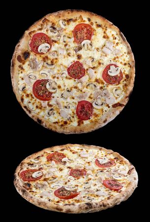 Pizza with mushrooms and smoked chicken. On dark backgroundの写真素材