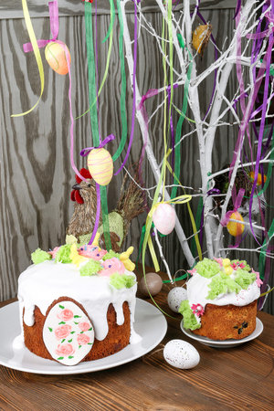 Easter, Easter cake on a dark background with a complex composition, beautiful scenery, dried fruits