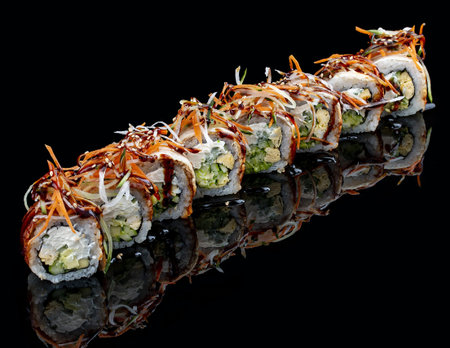 Roll Philadelphia with smoked eel on a black glossy background with reflection