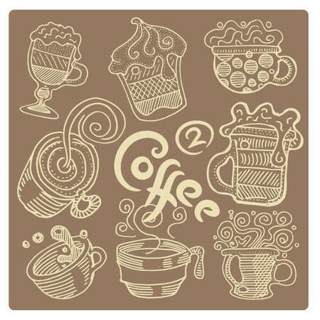 Hand drawn coffee set. Coffee drinks in various cupsのイラスト素材
