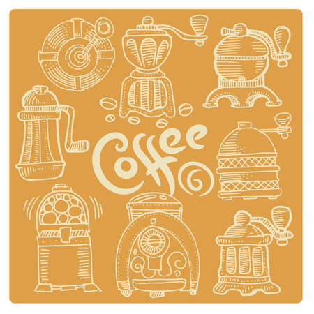 Hand drawn coffee set. A variety of grindersのイラスト素材