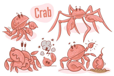 Set of cartoon hand-drawn crabs. Sea life illustration. Vector.のイラスト素材