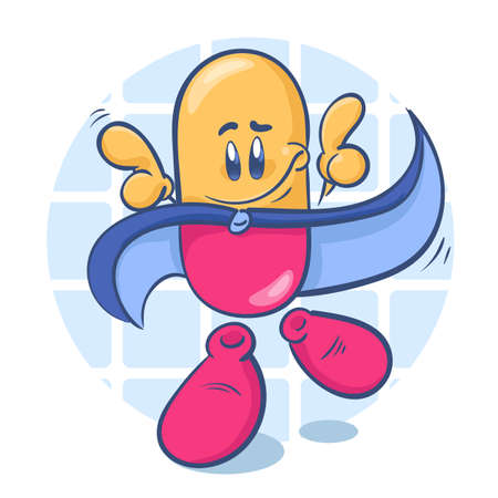 Cute cartoon character pill. Super hero. Vector illustration isolated on white backgroundのイラスト素材