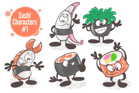 Sushi. A set of funny cartoon characters. Asian cuisine. Vector illustration isolated on white backgroundのイラスト素材