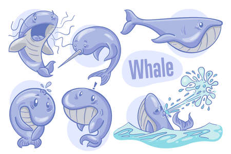 Set of hand drawn cartoon whales. Sea life illustration. Vector.のイラスト素材