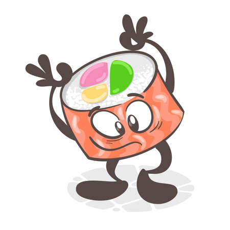 Sushi. A funny cartoon character. Asian cuisine. Vector illustration isolated on white backgroundのイラスト素材