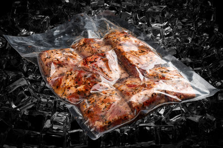 Vacuum-packed meat, on dark ice background, pork steak. Semifinished.