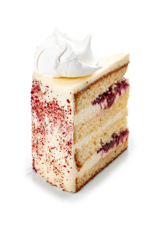 Vanilla juicy biscuit, cherry confit, cheese cream. cut off piece. On a white background, isolated.の写真素材