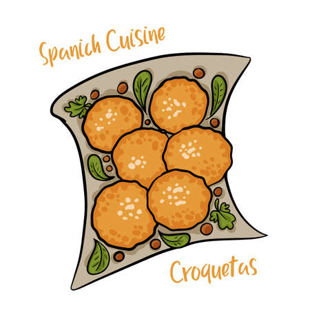 Traditional fried Spanish croquetas (croquettes) with ketchup on white backgroundのイラスト素材