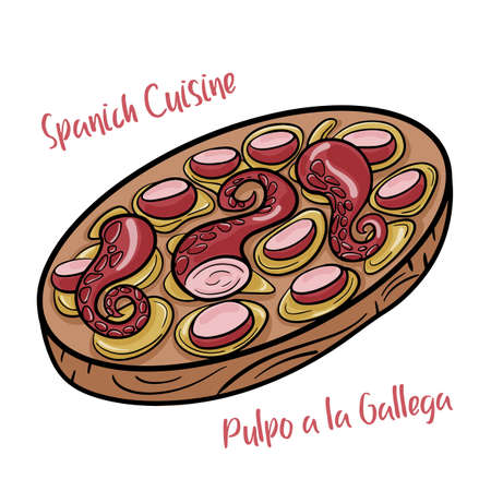 Pulpo a la gallega, traditional Galician dish of baked octopus with boiled potatoes and sweet paprikaのイラスト素材