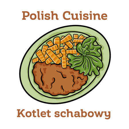 Cutlet Schabowy. Pork cutlet coated with breadcrumbs with potatoes and cabbageのイラスト素材
