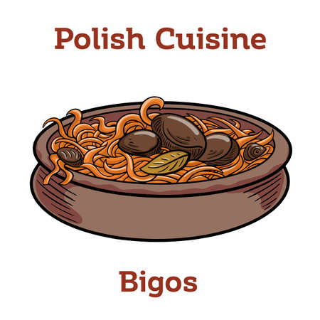 Bigos, cabbage stewed with meat, dried mushrooms and sausage.Traditional dish of polish cuisine.のイラスト素材