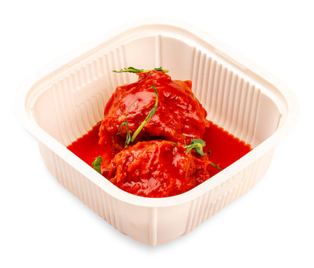 Meatballs in tomato sauce. In a plastic container. food to go. On a light background.の写真素材