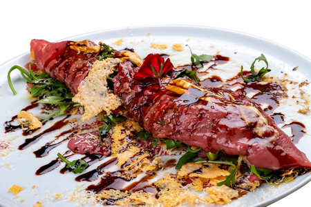 Raw beef tartare with parmesan cheese and wine sauce.の写真素材