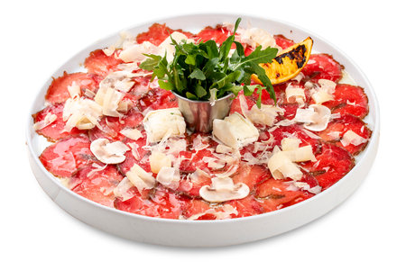 Veal carpaccio with parmesan cheese and mushroomsの写真素材