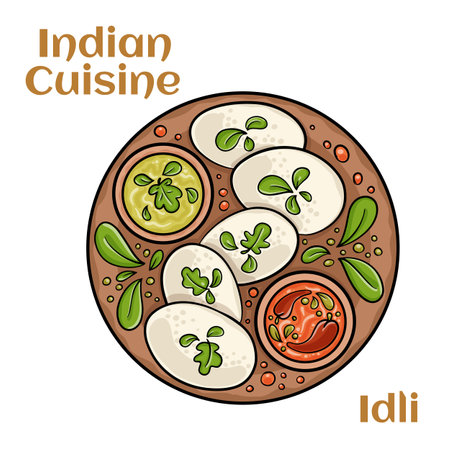 Many Idli or idly popular breakfast of Kerala South India and Sri Lanka. Healthy steamed rice cakesのイラスト素材