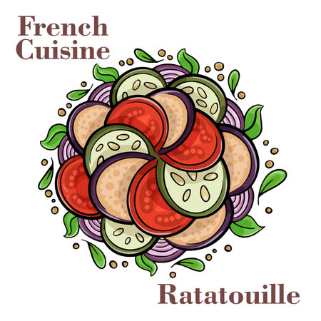 Traditional homemade vegetable ratatouille baked in cast iron frying pan healthy diet french vegetarian foodのイラスト素材