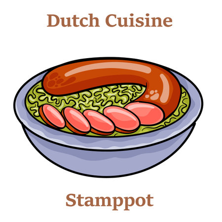 Dutch stamppot of potatoes, cabbage and carrots, with sausages closeup on a plate.のイラスト素材