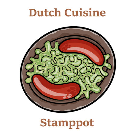 Dutch stamppot of potatoes, cabbage and carrots, with sausages closeup on a plate.のイラスト素材